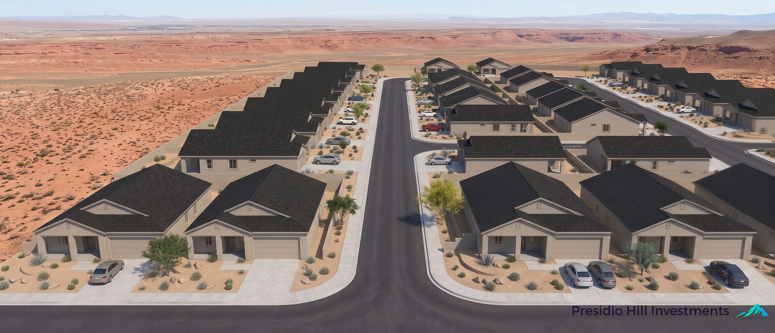 Aerial rendering of Adobe Trails community
