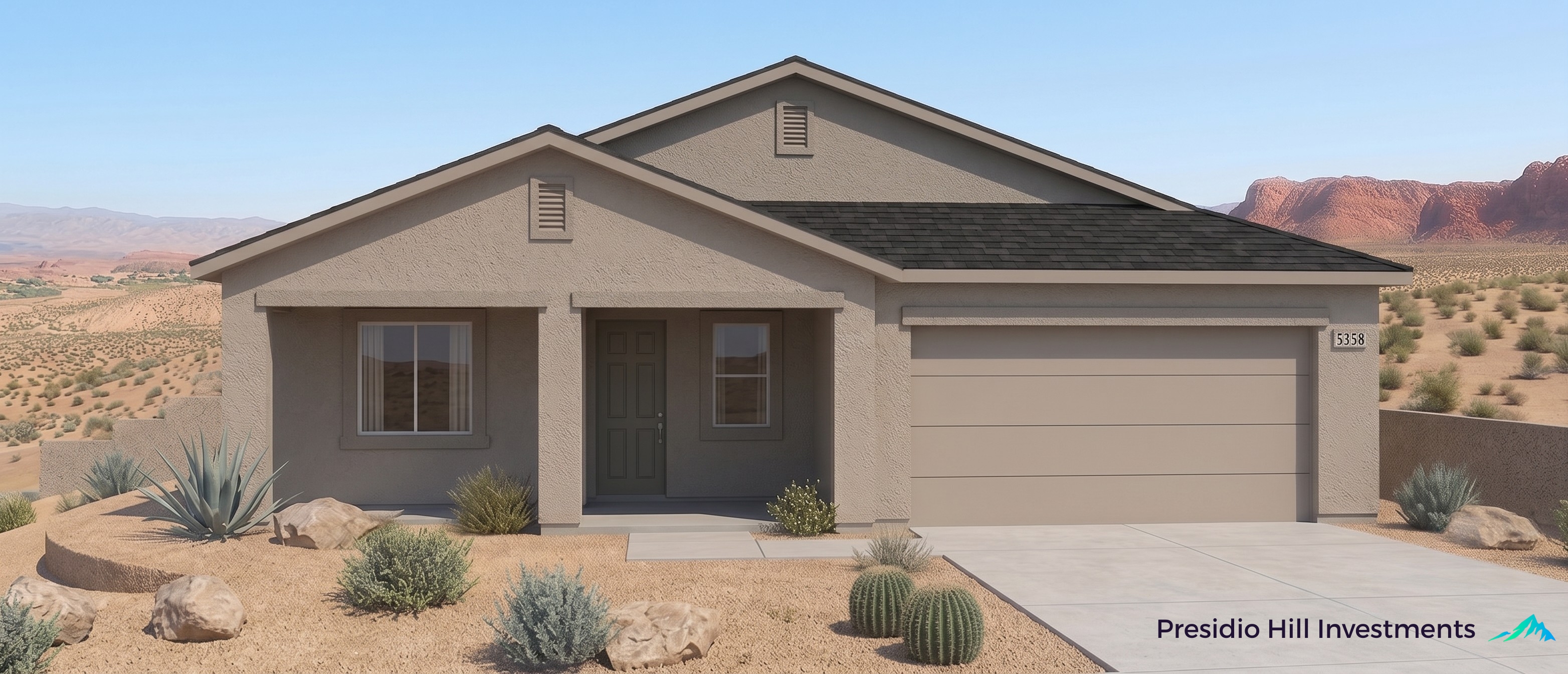 Front elevation rendering of a home in Adobe Trails