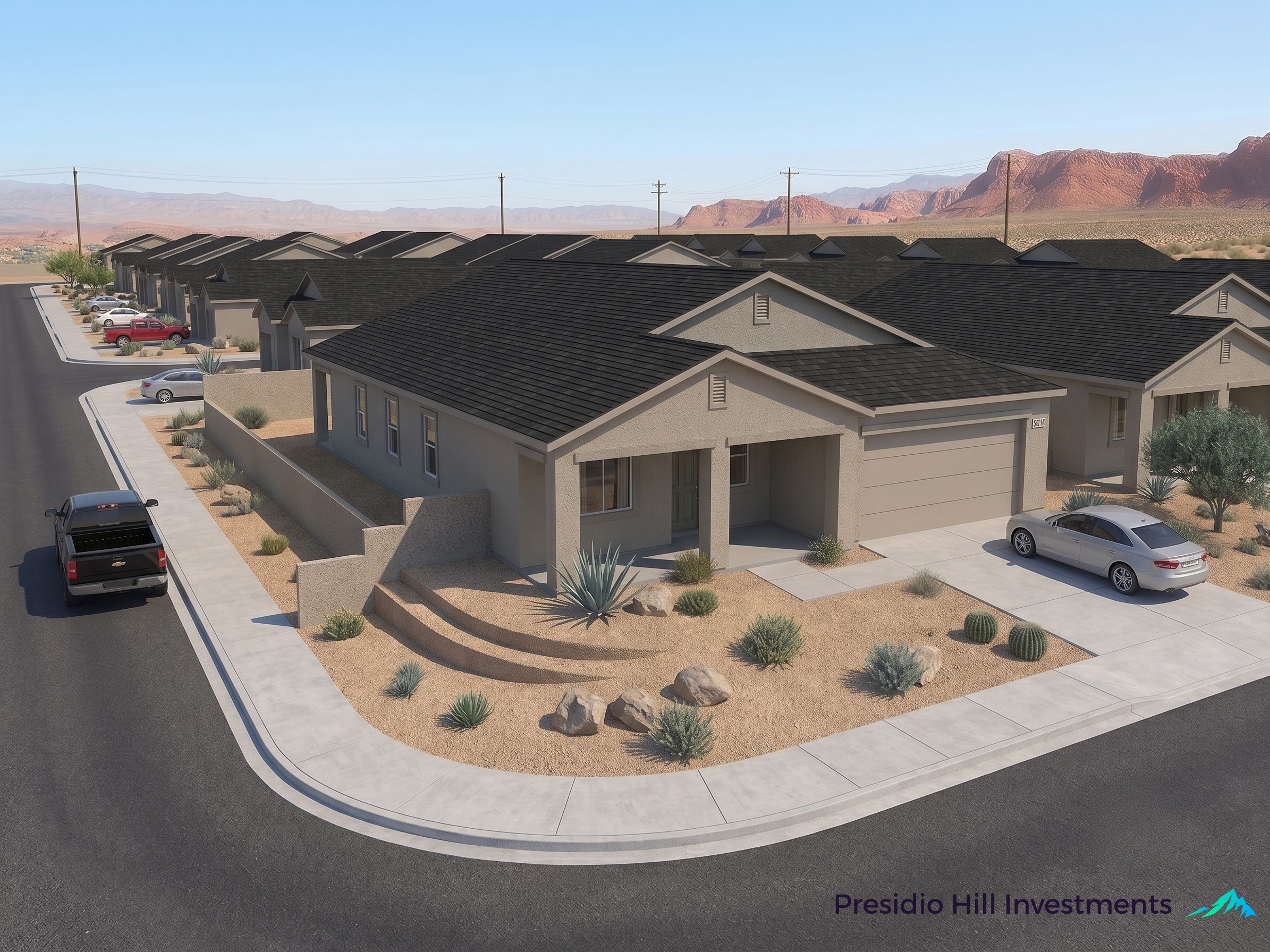 Aerial corner rendering of Adobe Trails homes